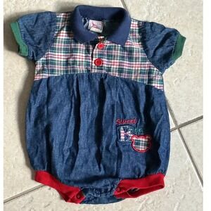 Buster Brown Plaid Denim Romper 6-9M boy Excellent Vintage Bear Snap Bottom VTG